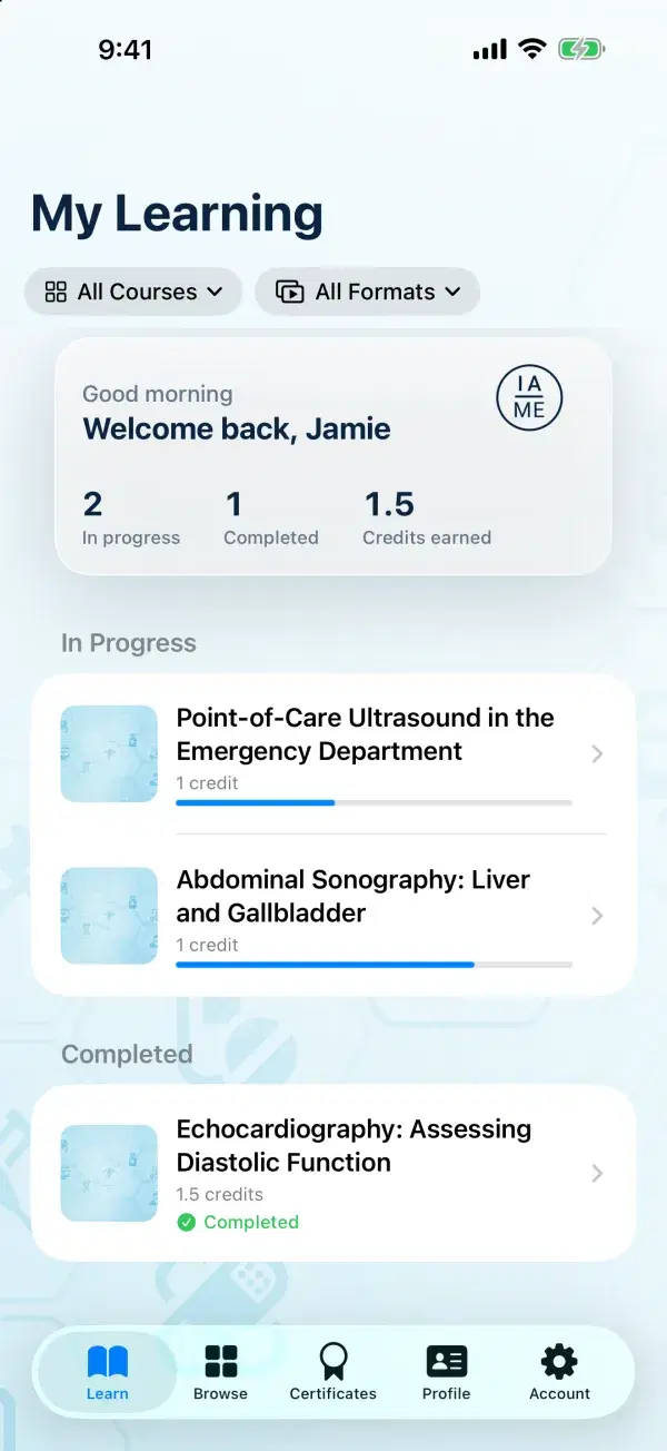 The IAME app's My Learning screen on an iPhone