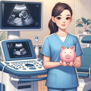 Sonographer with piggy bank